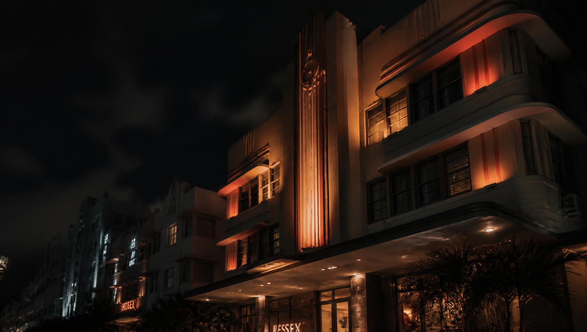 Dark architectural facade lit at night